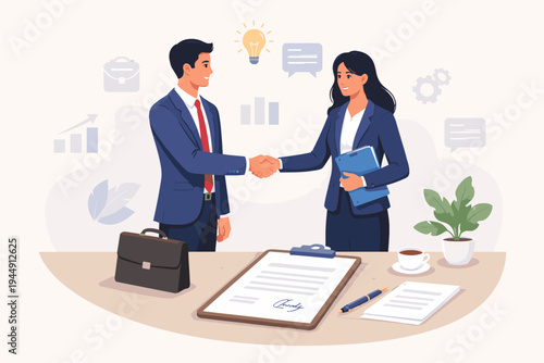 Business man and woman in suits shaking hands over a signed contract on a desk, symbolizing successful partnership, corporate deal, professional agreement, collaboration, and career success.