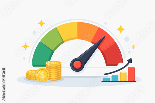 Business performance meter gauge indicating maximum growth with needle in the red zone, stacks of gold dollar coins, and a rising bar chart with an upward arrow for financial success and profit.