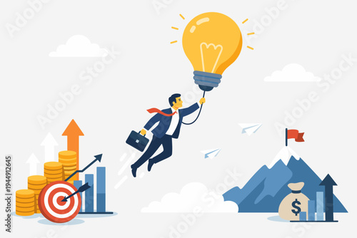 Businessman flying with a light bulb balloon to reach financial goals and business success. Creative idea concept for startup growth, investment, and achievement with coins, target, and mountain.