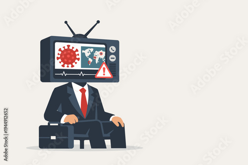 Conceptual vector illustration of a businessman with a vintage TV head watching non-stop global coronavirus news, pandemic updates, and health warnings, symbolizing media information overload.