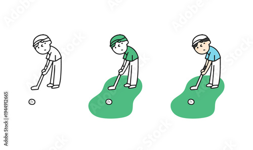 パターに真剣なゴルフ好きの男性のイラスト