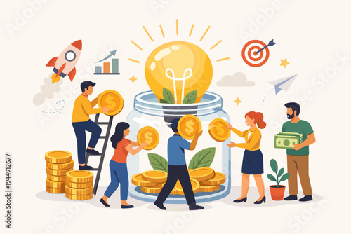 People investing money into a jar with a lightbulb for crowdfunding, startup funding, and financial growth. Flat vector illustration of innovative business ideas, venture capital, and teamwork.