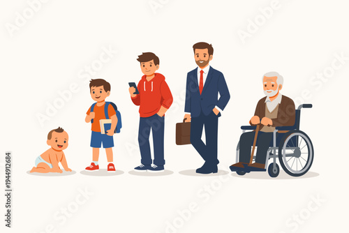 Life Cycle of a Man Vector Illustration Showing Human Growth Stages from Crawling Baby to School Boy, Teenager, Professional Businessman, and Elderly Senior Man in a Wheelchair with a Cane