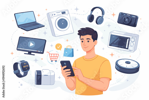 Young man using a smartphone for online shopping of consumer electronics and home appliances including laptop, washing machine, headphones, camera, microwave, robot vacuum, and digital smartwatch