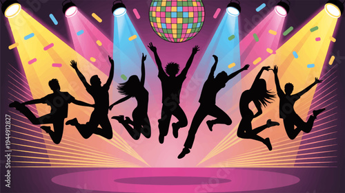 Silhouettes of people dancing on a vibrant party background with disco ball and colorful lights