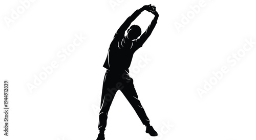 Dynamic silhouette of a person engaging in an invigorating full-body stretch, raising arms high to increase flexibility and promote physical well-being.