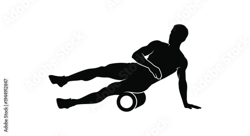 Silhouette of an athlete performing a hip and thigh stretch using a black foam roller for muscle recovery