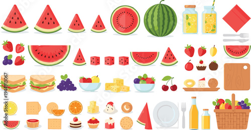Watermelon Summer Picnic Food Collection with Fresh Fruit Slices Sandwiches Lemonade Desserts and Picnic Snacks Isolated Vector Set for Seasonal Menu Designs