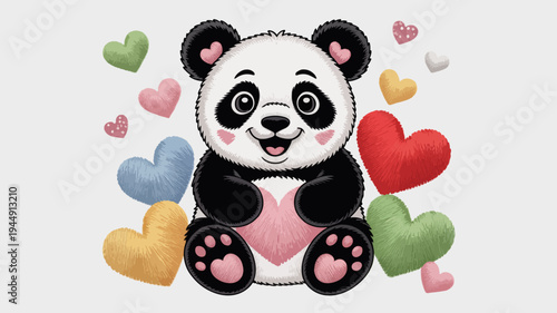 Adorable panda bear with colorful hearts cute expression and playful design for valentine's day or love themed concepts