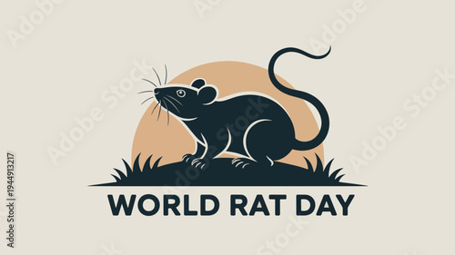 World rat day logo with a rodent on grassy hill and sun background