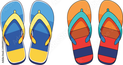 Flat vector icon set of two pairs of colorful summer flip-flops with vibrant striped patterns