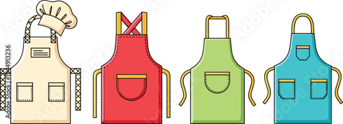 Kitchen apron vector set featuring professional chef hat and colorful cooking aprons in flat design for culinary and restaurant branding