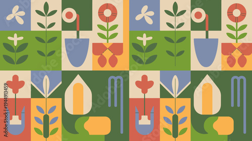 Vibrant floral pattern with colorful flowers and leaves in decorative pots and planters