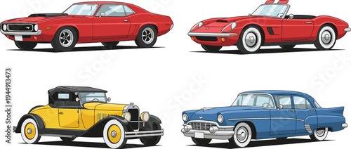 Vintage and classic car vector set featuring retro muscle car convertible and antique luxury sedan illustrations in flat design