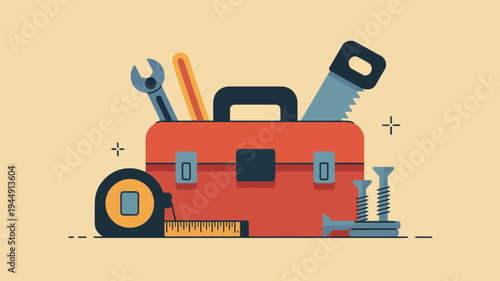 Red toolbox with tools and equipment for diy projects and home repair on a beige background