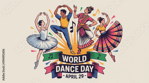 Vibrant world dance day illustration with diverse dancers and musical notes on colorful background