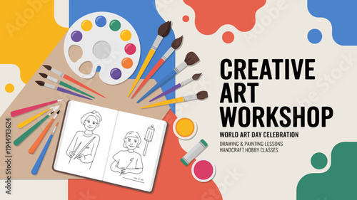 Colorful art workshop with paints and brushes creative activity for adults and children