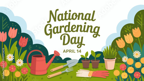 National gardening day illustration with flowers tools and gardening accessories on green grass