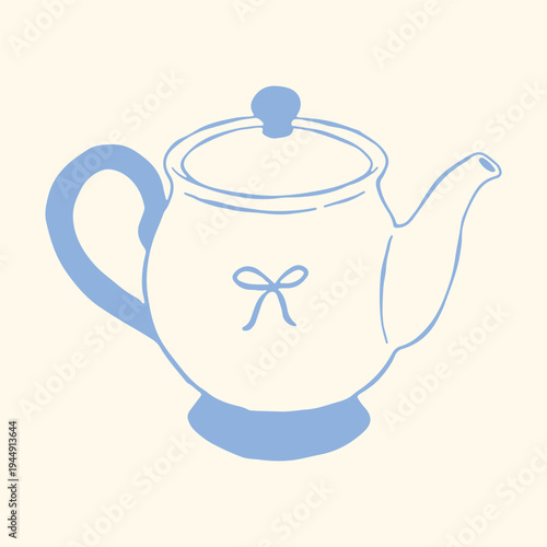 Hand drawn teapot with bow detail in minimal Mediterranean style. Blue line vector of classic tea kettle. Cozy kitchen object for tea branding, cafe menu, packaging, home decor and lifestyle design