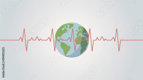 Earth globe with pulsing red heartbeat line on white background symbolizing planet's vital signs and health