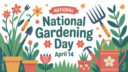 National gardening day illustration with colorful flowers tools and potted plants on white background
