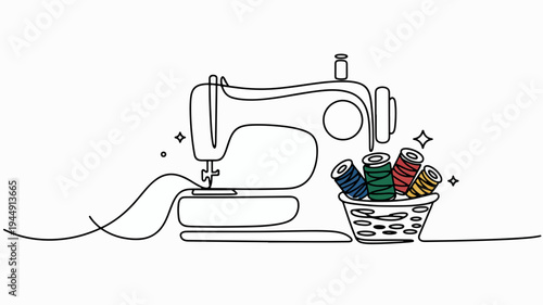 Sewing machine with basket of colorful threads for creative sewing projects and diy fashion