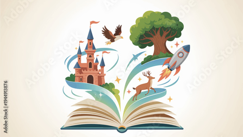 Whimsical open book with fantasy castle tree deer bird and rocket emerging