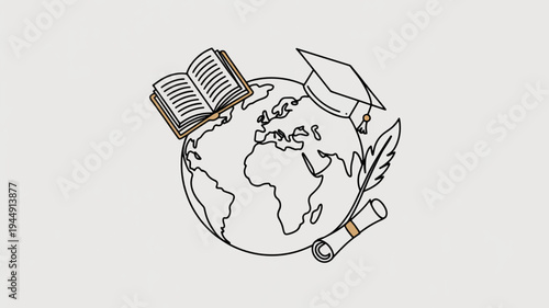 Earth globe with book graduation cap and diploma in black line art style for education concepts