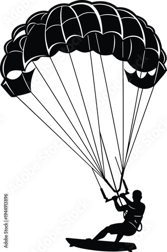 Black silhouette vector illustration of a person kiteboarding or paraskiing with a large parachute over ocean waves