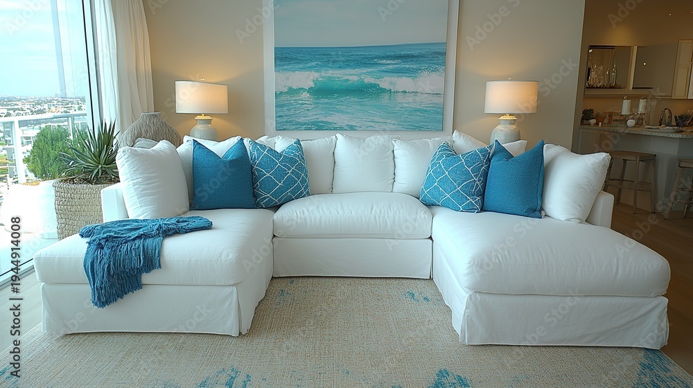 Fototapeta premium Bright Coastal White Sectional Sofa Living Room with Turquoise Cushions and Lamps