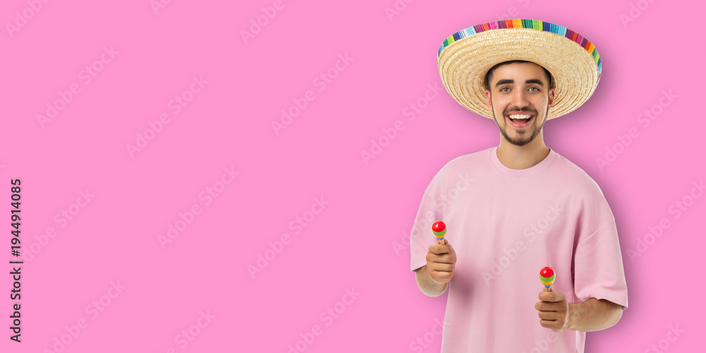 Obraz premium Cinco de Mayo, Young man in sombrero smiles with maracas