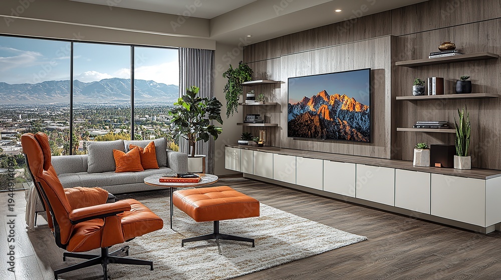 Fototapeta premium Bright contemporary living room with panoramic floor-to-ceiling windows overlooking mountains and cityscape, featuring orange lounge chairs