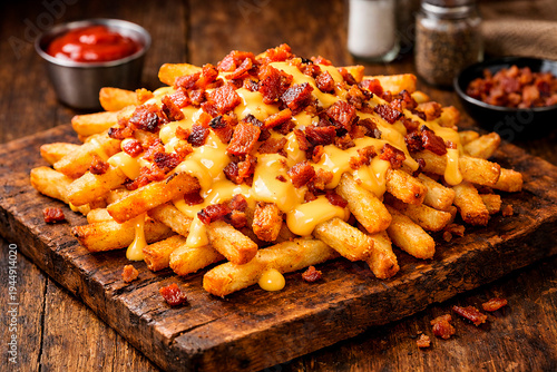 Loaded french fries with cheese sauce and bacon on wooden board, fast food loaded fries restaurant snack