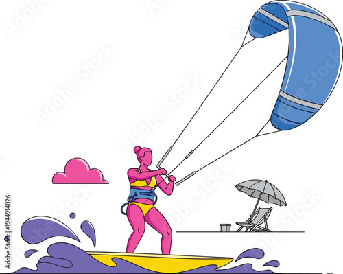 Colorful vector illustration of a female kitesurfer riding a yellow board on purple waves with a blue kite