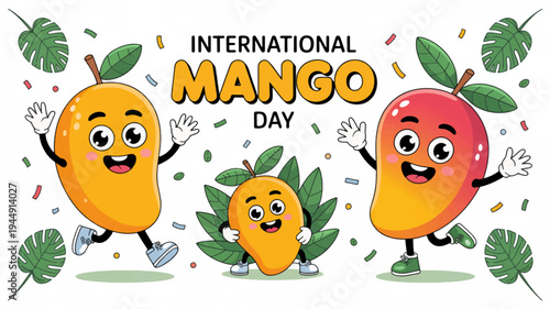 Happy mangoes celebrate international mango day with joyful dance and colorful confetti
