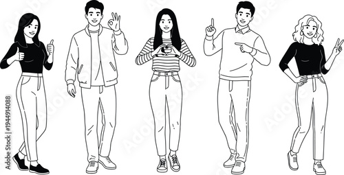 Diverse people character set featuring men and women in casual clothing with positive hand gestures like thumbs up and heart signs in black line art style