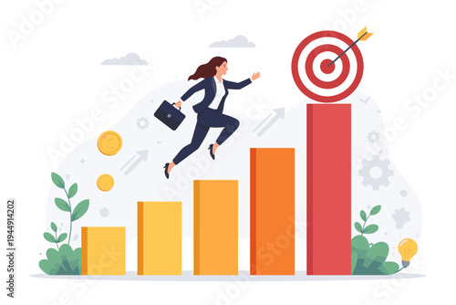 Businesswoman Jumping Up Bar Chart Columns Towards a Target Bullseye, Concept of Career Growth, Success, Ambition, and Achieving Business Goals, Flat Vector Illustration for Professional Growth