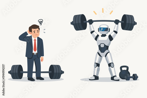 Business Man Unable to Lift Barbell While Robot Effortlessly Lifts Heavy Weights, Illustration of AI Superiority, Automation, Future Technology, and Human vs Machine Performance Comparison