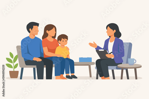 Family Therapy Session with a Professional Psychologist. A Couple and Their Young Son Sitting on a Bench During a Counseling Appointment. Mental Health Support and Parenting Advice Illustration.