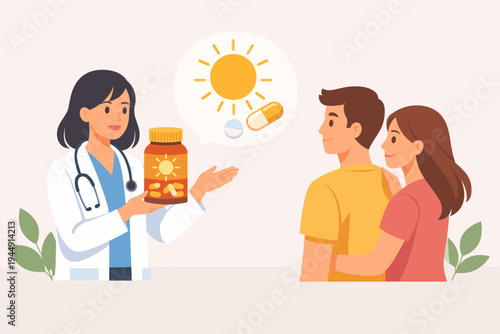 Female Doctor Advising a Young Couple to Take Vitamin D Supplements for Better Health and Immunity, Showing a Medicine Bottle with a Sun Icon, Flat Vector Illustration for Medical Healthcare.