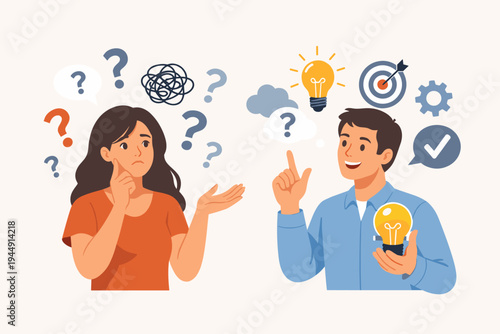 Confused Woman with Question Marks and Tangled Thoughts Receiving Help from a Man Offering Creative Solutions, New Ideas, and Clear Answers with a Lightbulb Icon, Problem Solving Vector Illustration