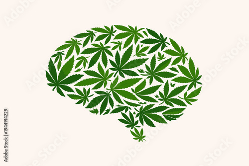 Human brain shape made of green cannabis leaves on a white background, symbolizing the impact of marijuana on the mind, medical marijuana therapy, drug addiction, and neurological research.