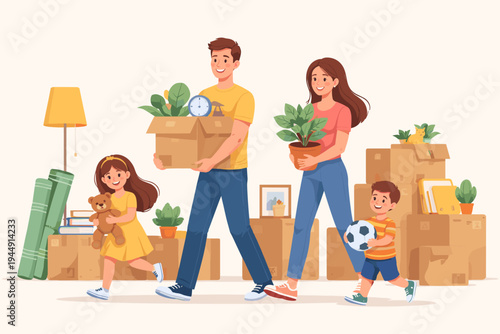 Happy Family Moving into New Home or Apartment Carrying Cardboard Boxes Potted Plants and Toys, Parents and Children Relocating to New House, Flat Vector Illustration of Joyful Moving Day Concept