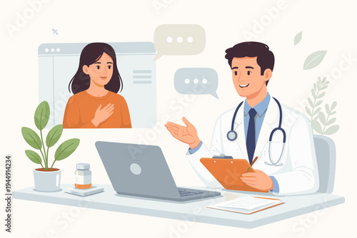 Male doctor consulting female patient online via laptop screen, telemedicine and digital healthcare concept with medical professional, stethoscope, and clipboard, flat vector illustration.