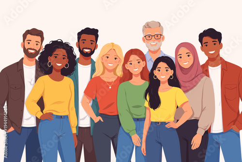 Diverse group of multiethnic people standing together and smiling. Flat vector illustration of men and women of different ages and backgrounds, including a woman in a hijab and an older man.
