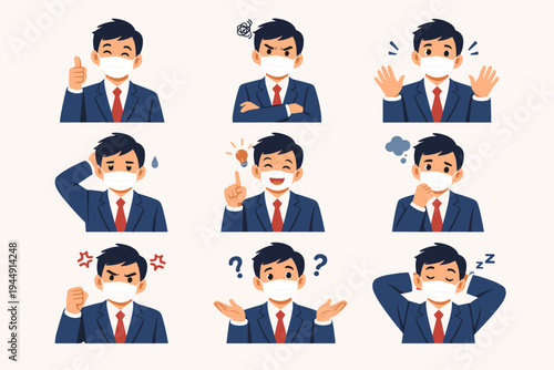 Set of flat vector illustrations featuring a young businessman in a suit and tie wearing a medical face mask, expressing diverse emotions like happiness, anger, confusion, ideas, and exhaustion.