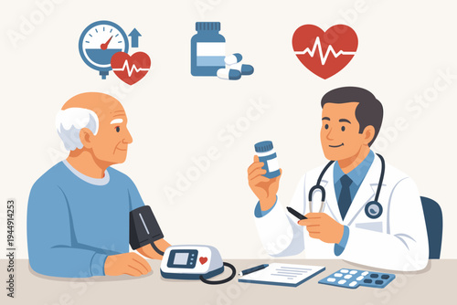 Senior man visiting cardiologist for hypertension checkup, doctor prescribing medicine to lower high blood pressure, medical consultation with heart health icons and blood pressure monitor.