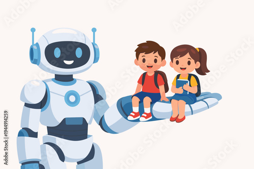 Friendly Giant Robot Holding Two Happy School Children in Its Hand, Boy and Girl Students with Backpacks and Book, Concept of Artificial Intelligence in Education, Future Learning and AI Support