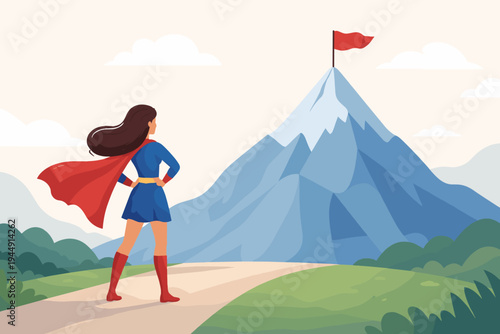 Empowered Superwoman in Blue Costume and Red Cape Standing on a Path Looking Towards a Snow-Capped Mountain Peak with a Red Flag, Symbolizing Goal Achievement, Ambition, Leadership, and Success.