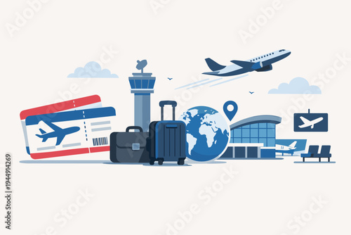 Travel and aviation concept vector with boarding passes, luggage, globe, airport terminal, control tower, and airplane taking off. Ideal for tourism, business trips, and international flights.